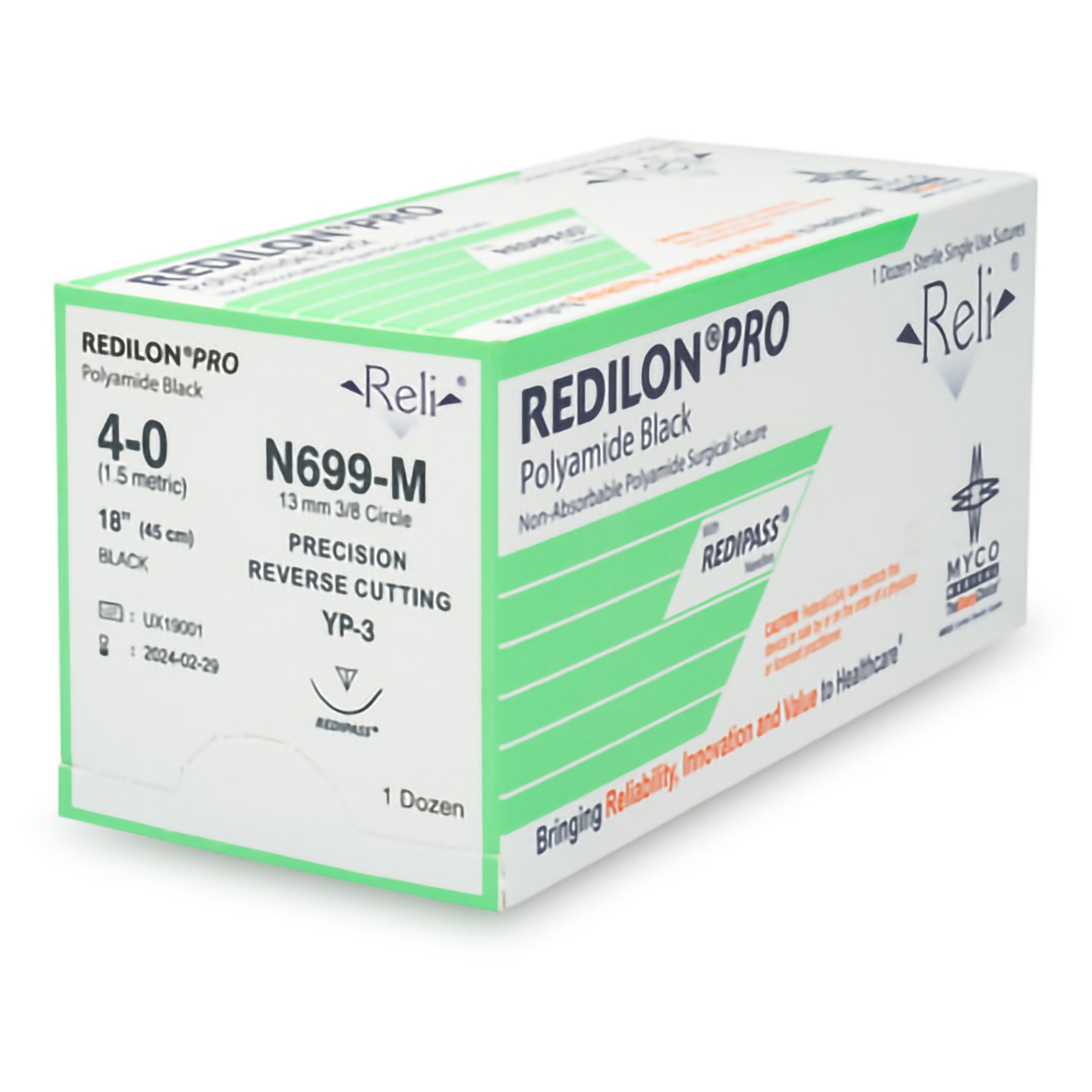 Suture Nonabsorbable Suture with Needle Reli® Redilon™ Nylon MP-3 3/8 Circle Precision Reverse Cutting Needle Size 4 - 0 Monofilament 18 Inch 13mm by Myco Medical  ID N699-M